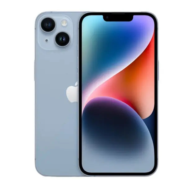 CTR MOBILE iPhone 14 unlocked in blue showing front screen and rear dual camera design
