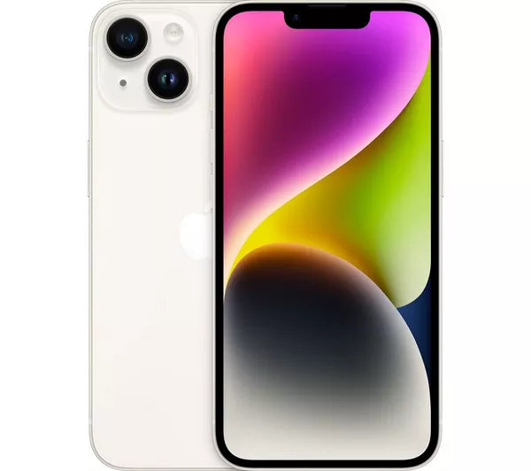 CTR MOBILE iPhone 14 unlocked in white with dual rear cameras and vibrant display
