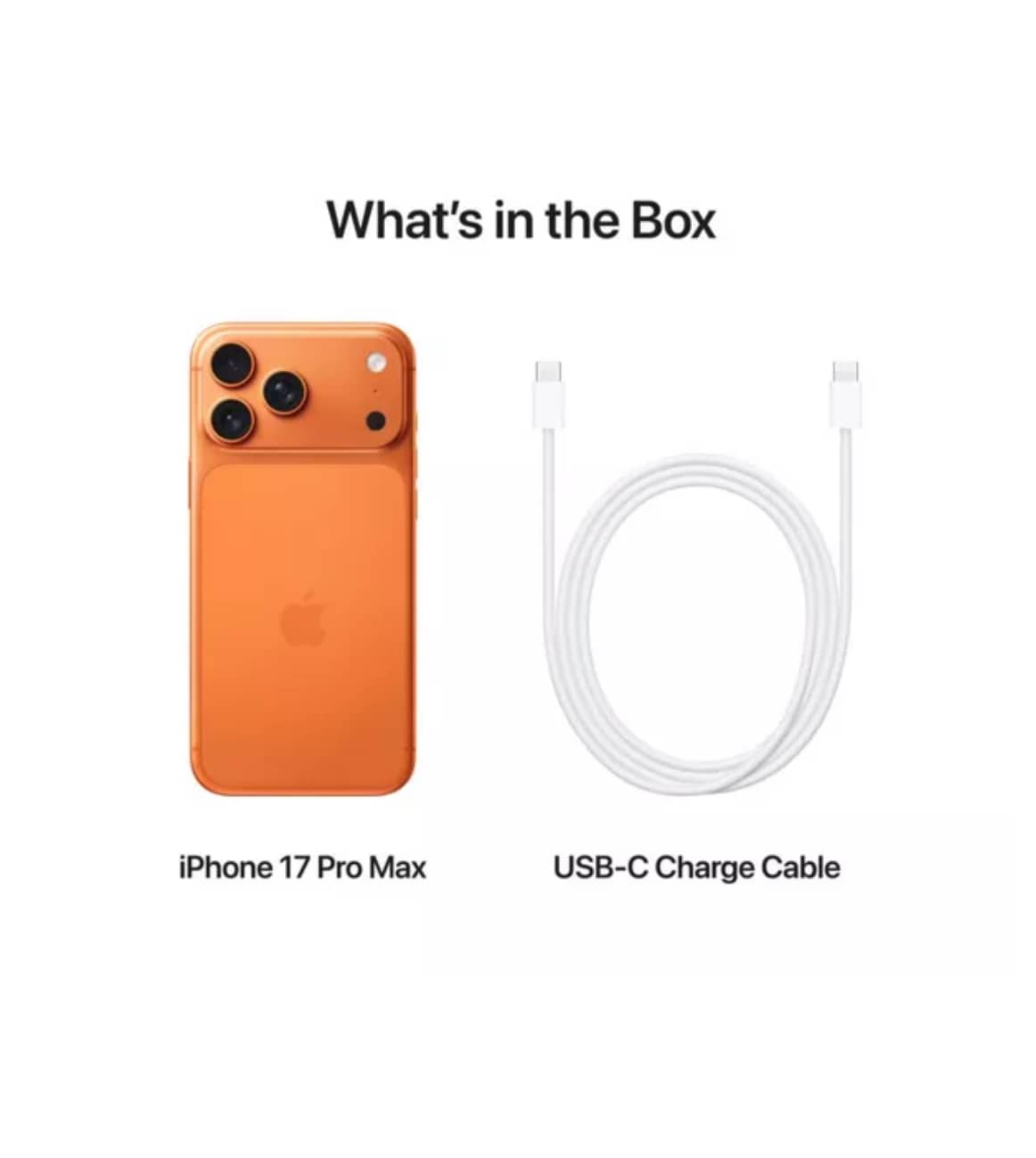iPhone 17 Pro Max Cosmic Orange with USB-C charge cable included in the box