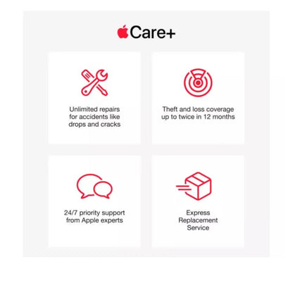 Apple Care Plus features including unlimited repairs, theft and loss coverage, 24 7 priority support, and express replacement service for Apple iPhone 17 Pro Max unlocked